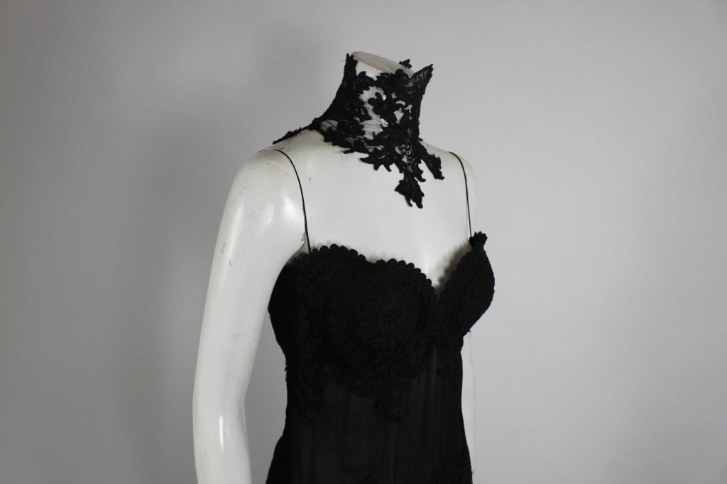 1990s GALANOS Black Chiffon Lace Gown with Lace Collar 5