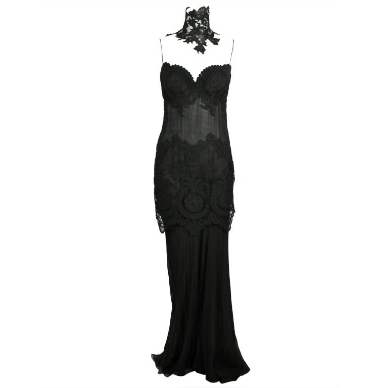 1990s GALANOS Black Chiffon Lace Gown with Lace Collar