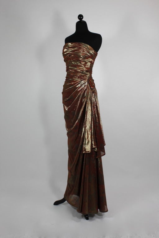 Brown 1990s Lancetti Red Floral Lamé Gown with Jewel Embellishment