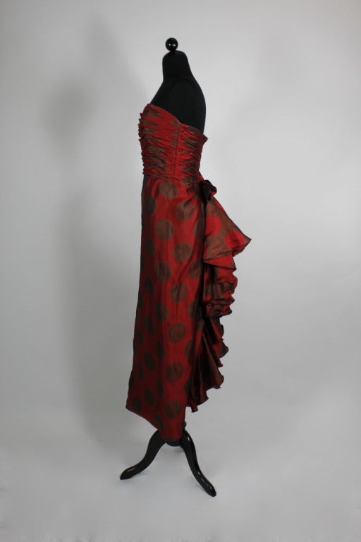 Adolfo 1980s Silk Raspberry Polka Dot Gown with Ruffles In Excellent Condition In Los Angeles, CA