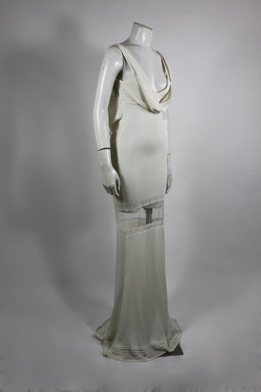 2000s John Galliano White Knit Gown with Sheer Panel at 1stDibs