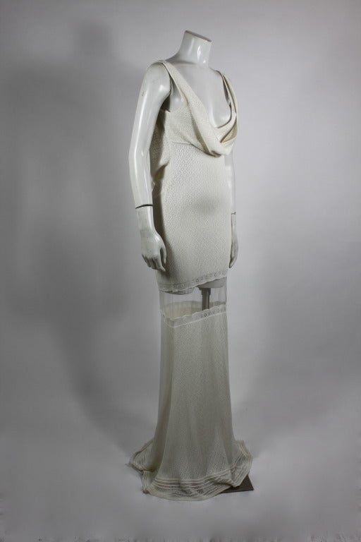 2000s John Galliano White Knit Gown with Sheer Panel In Excellent Condition In Los Angeles, CA