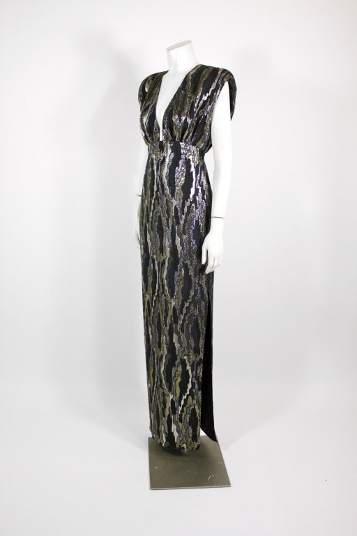 GALANOS Metallic Woodgrain Gown with Wrap In Excellent Condition In Los Angeles, CA