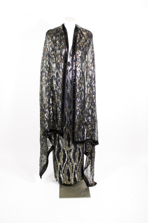 GALANOS Metallic Woodgrain Gown with Wrap 5
