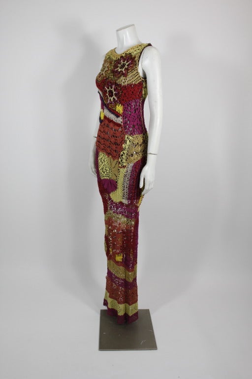 Brown Christian Lacroix 1990s Rainbow Crochet Gown with Glittering Appliqué