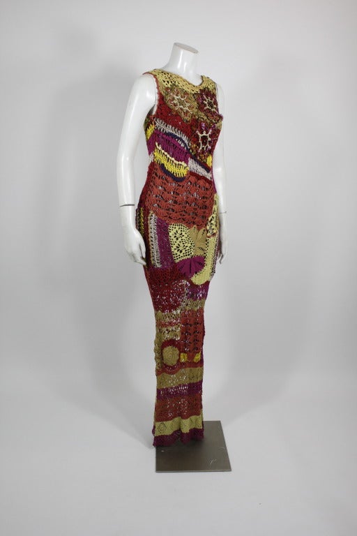 Christian Lacroix 1990s Rainbow Crochet Gown with Glittering Appliqué In Excellent Condition In Los Angeles, CA