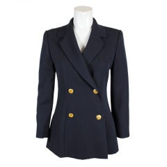 CHANEL Navy Double Breasted Jacket with Logo Buttons