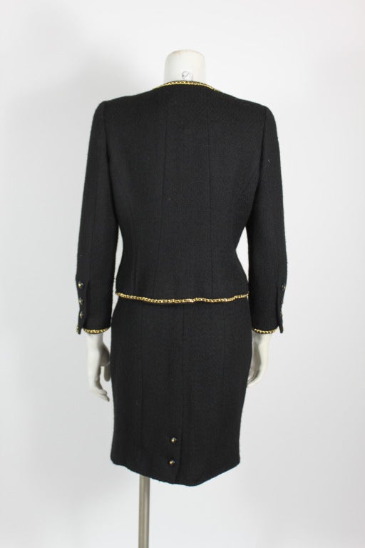 Chanel Black Bouclé Tweed Suit with Gold Chain Detail 1