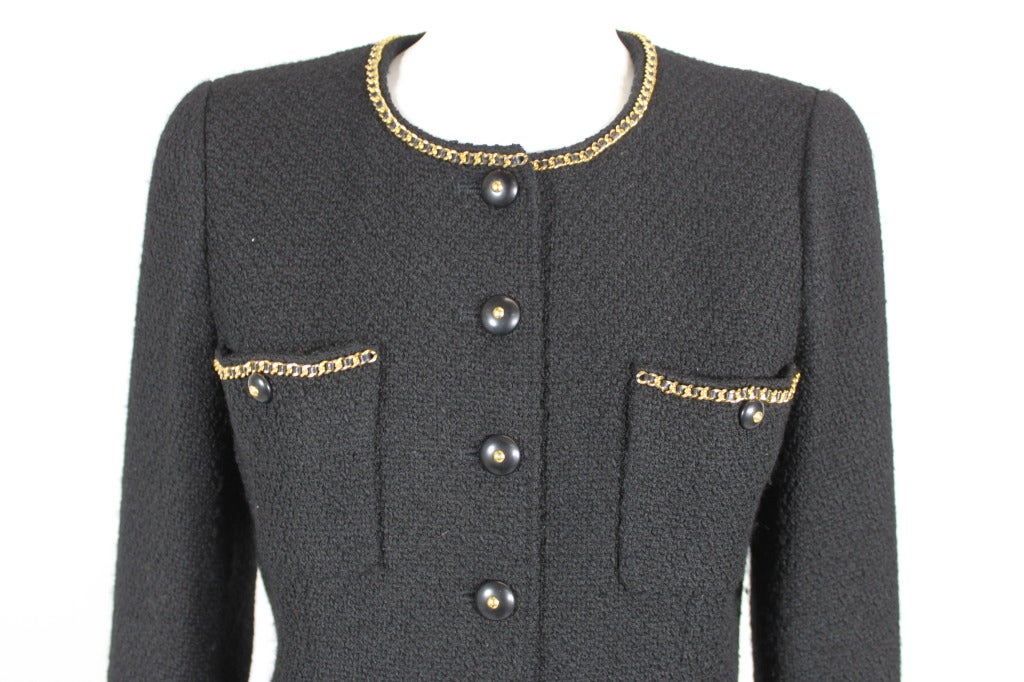 Chanel Black Bouclé Tweed Suit with Gold Chain Detail 2