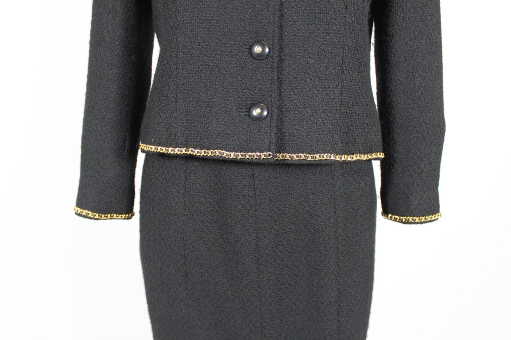 Chanel Black Bouclé Tweed Suit with Gold Chain Detail 3