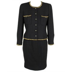 Chanel Black Bouclé Tweed Suit with Gold Chain Detail