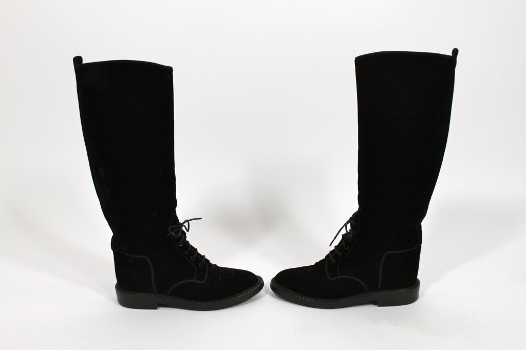 CHANEL Black Velvet Equestrian Boots with Logo Detail In Excellent Condition In Los Angeles, CA