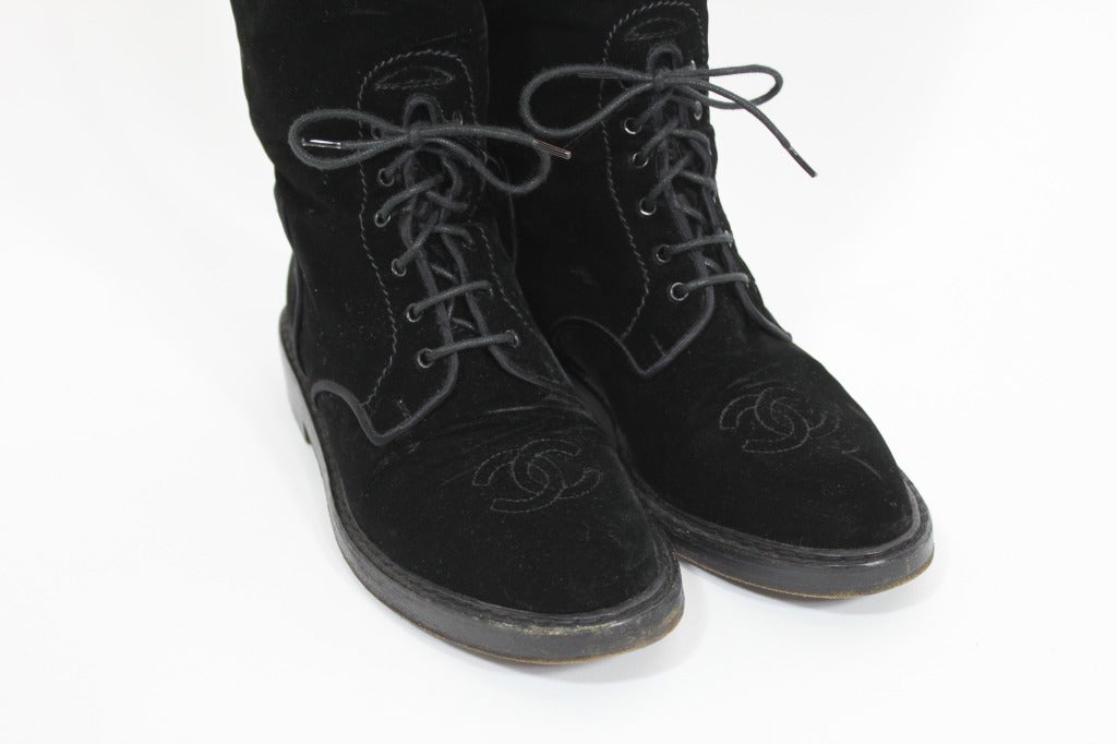 Women's CHANEL Black Velvet Equestrian Boots with Logo Detail