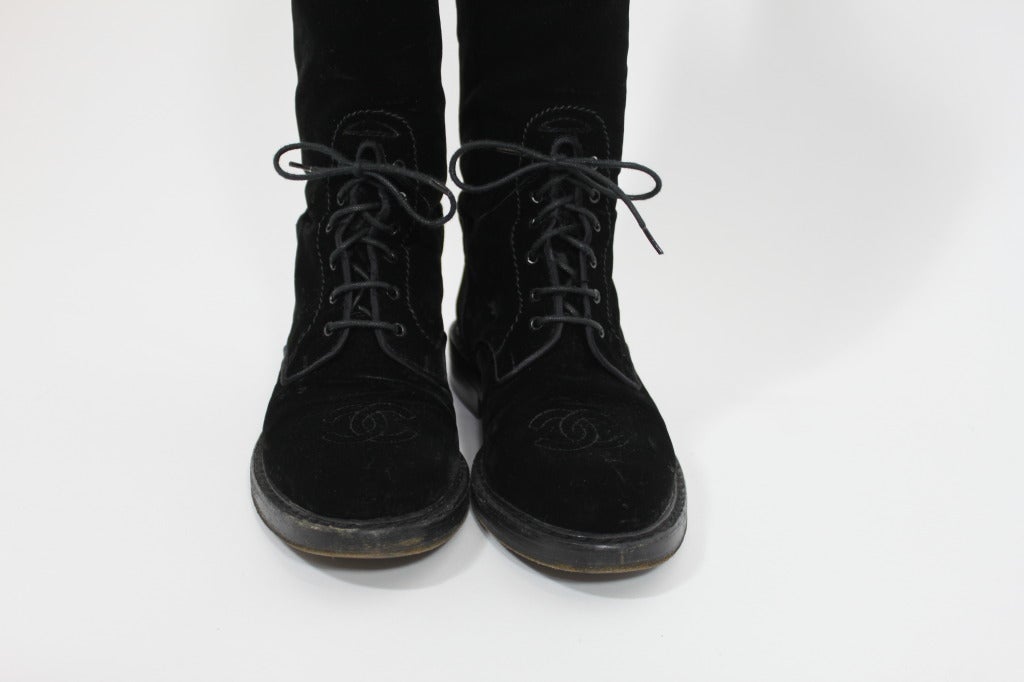 CHANEL Black Velvet Equestrian Boots with Logo Detail 1