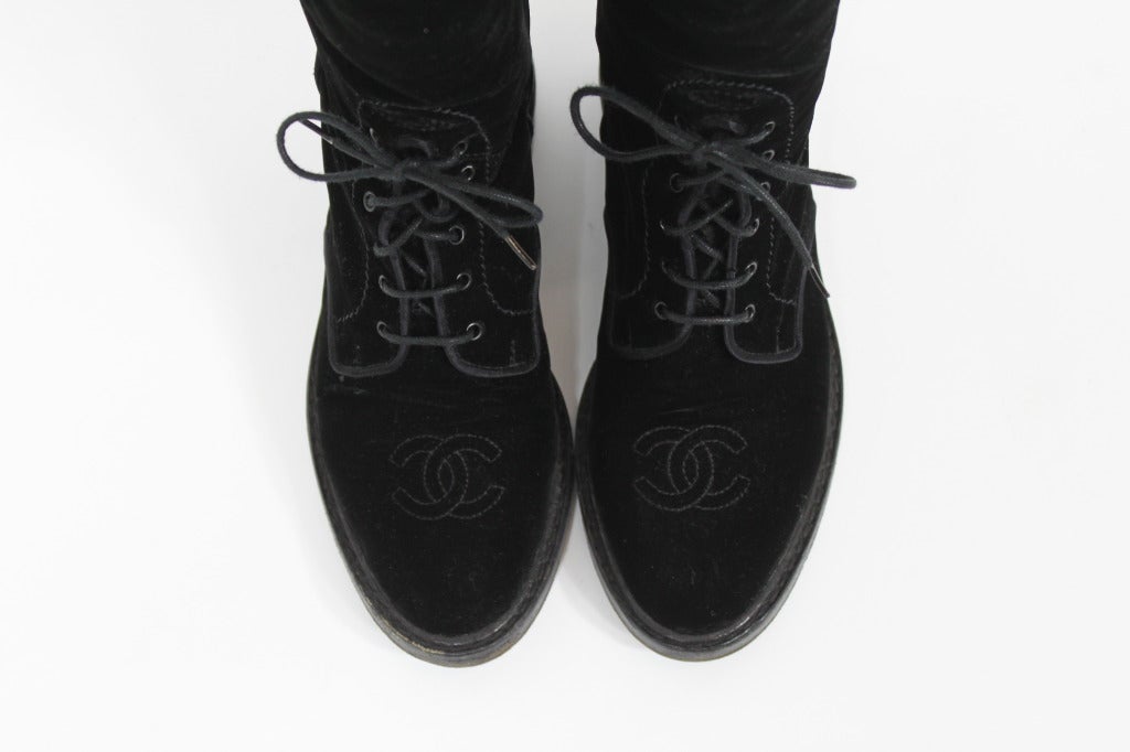 CHANEL Black Velvet Equestrian Boots with Logo Detail 2