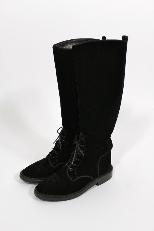 CHANEL Black Velvet Equestrian Boots with Logo Detail 3