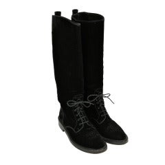 CHANEL Black Velvet Equestrian Boots with Logo Detail