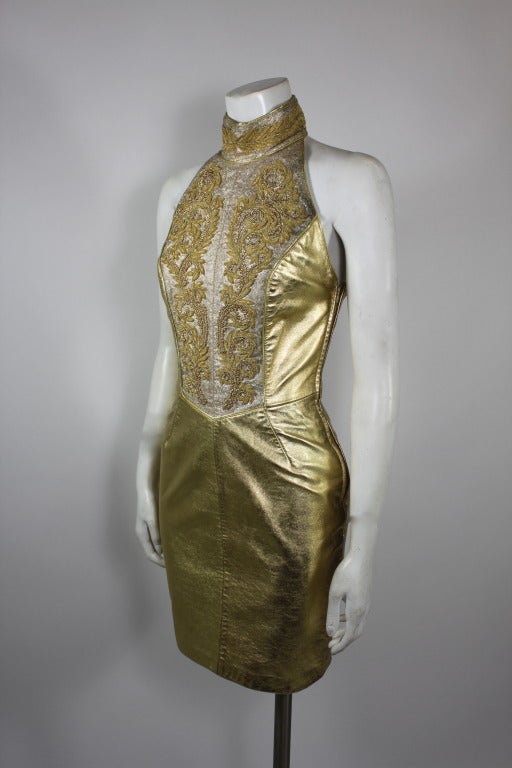 1980s North Beach Leather Gold Embellished Halter Dress In Excellent Condition In Los Angeles, CA