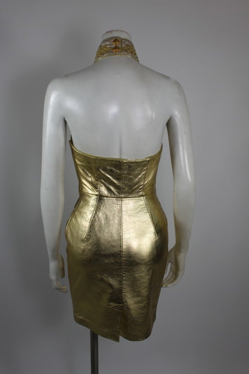 1980s North Beach Leather Gold Embellished Halter Dress 1