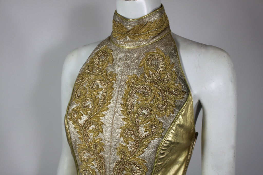 1980s North Beach Leather Gold Embellished Halter Dress 2