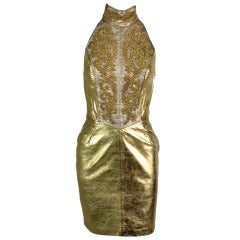 1980s North Beach Leather Gold Embellished Halter Dress
