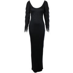 Galanos 1990s Black Jersey Gown with Tiered Chiffon Petal Sleeves