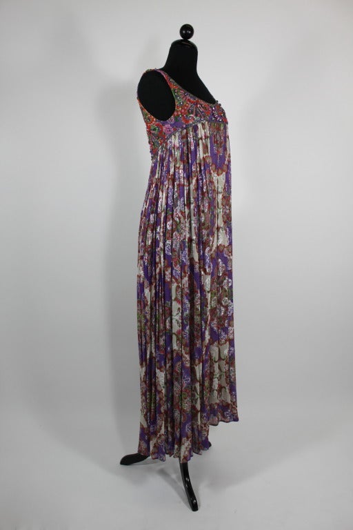 1960s George Halley Purple Metallic Paisley Gown with Jeweled Embellishment In Excellent Condition In Los Angeles, CA