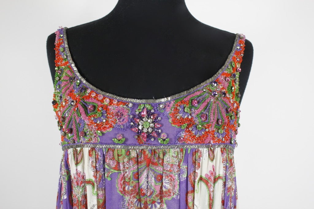 Women's 1960s George Halley Purple Metallic Paisley Gown with Jeweled Embellishment