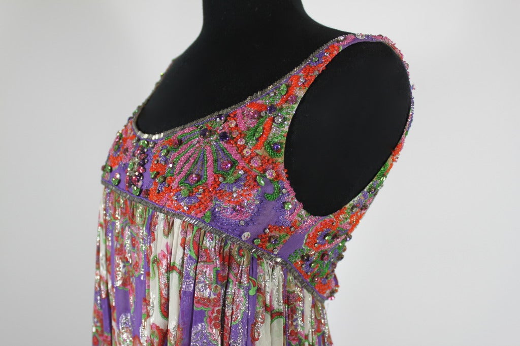 1960s George Halley Purple Metallic Paisley Gown with Jeweled Embellishment 1