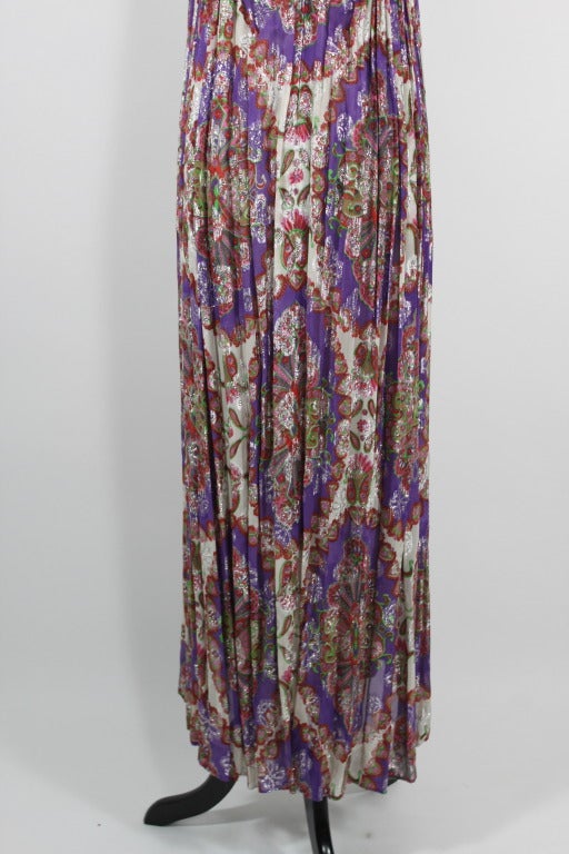 1960s George Halley Purple Metallic Paisley Gown with Jeweled Embellishment 2