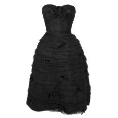 1950s Black Tulle Dot-Net Strapless Party Dress