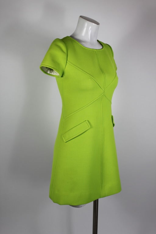 1960s Courreges Iconic Electric Green Wool Minidress In Excellent Condition In Los Angeles, CA