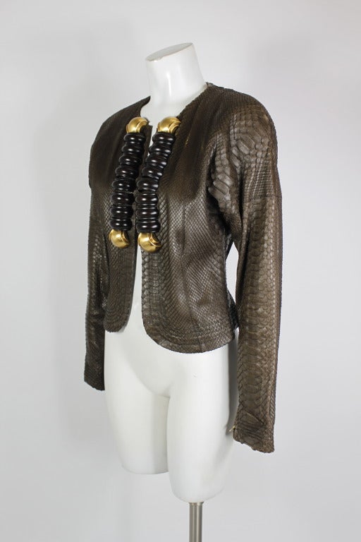 Black Gianfranco Ferre 1990s Snakeskin Jacket with Wood Accents For Sale