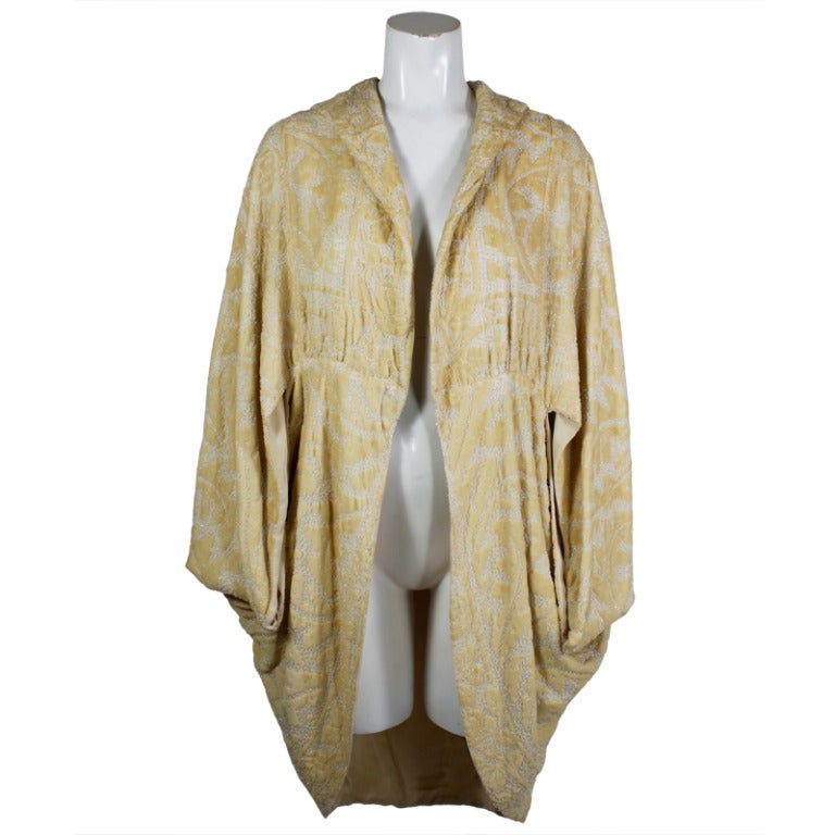 1920s Ivory Cut Velvet and Beaded Cocoon Coat with Tassle