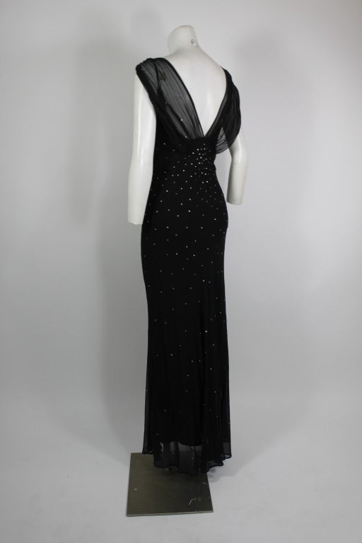 Norma Kamali Black Chiffon Bias Gown with Rhinestones In Excellent Condition In Los Angeles, CA