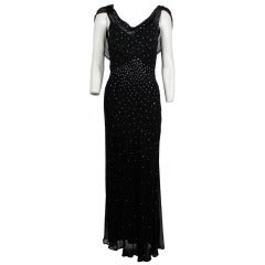 Norma Kamali Black Chiffon Bias Gown with Rhinestones