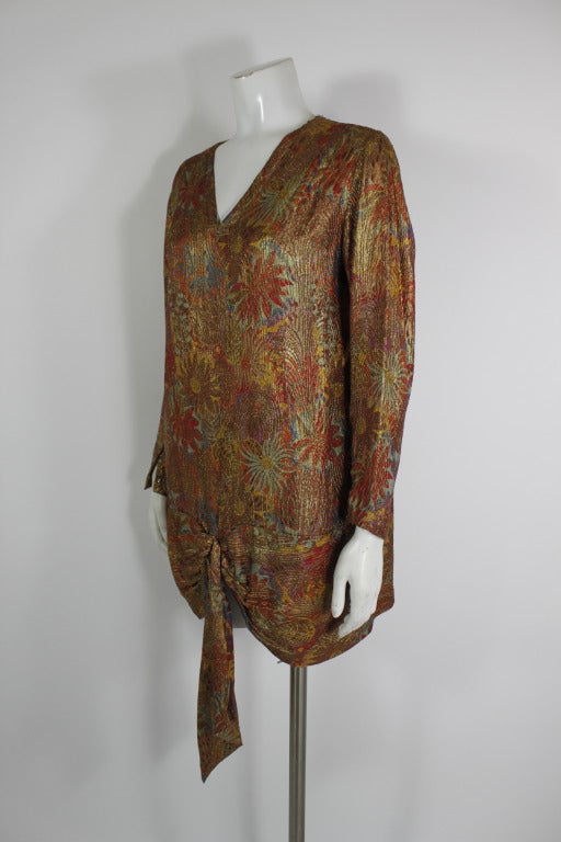 Brown 1920s Autumnal Floral Lamé Long Sleeve Tunic For Sale