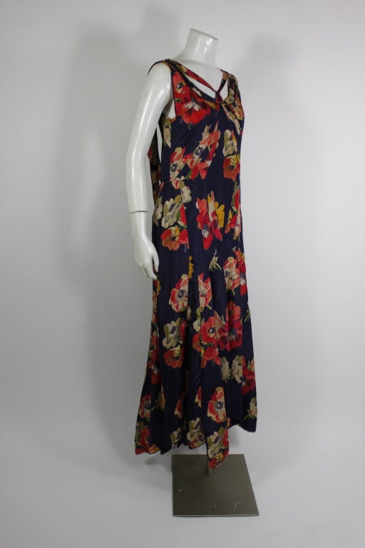 Black 1930s Blue Silk Bias Gown with Large Scale Floral Print For Sale