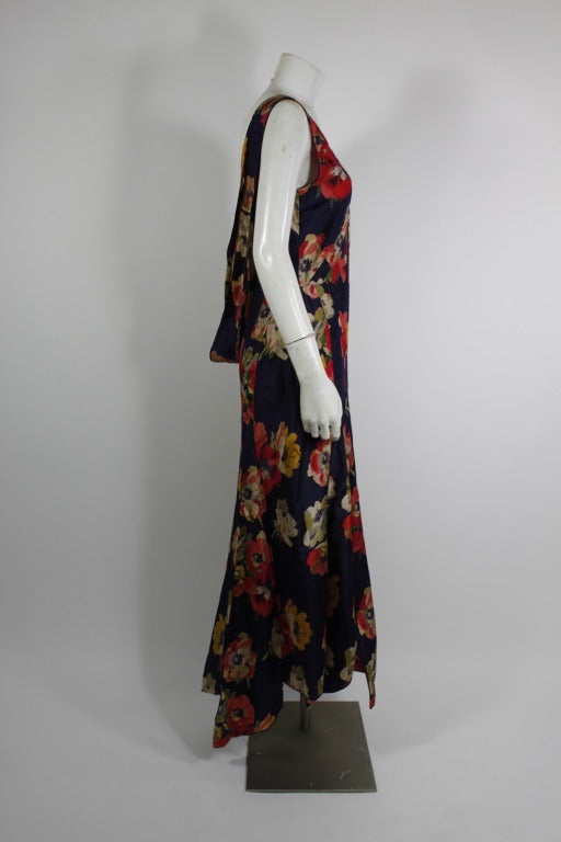 1930s Blue Silk Bias Gown with Large Scale Floral Print In Excellent Condition For Sale In Los Angeles, CA