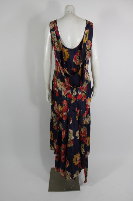 Women's 1930s Blue Silk Bias Gown with Large Scale Floral Print For Sale