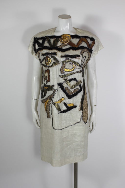 1980s Metallic Linen Dress with Rhinestoned Abstract Motif In Excellent Condition In Los Angeles, CA
