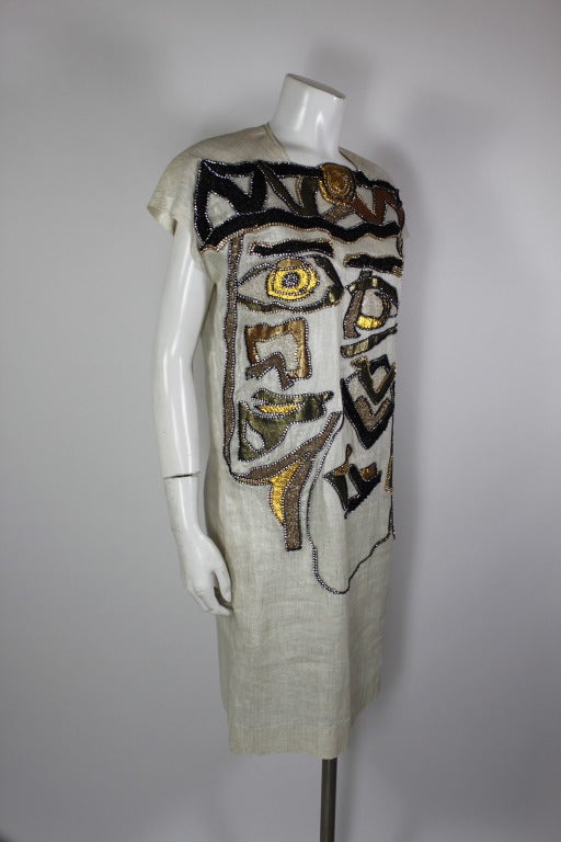 Women's 1980s Metallic Linen Dress with Rhinestoned Abstract Motif