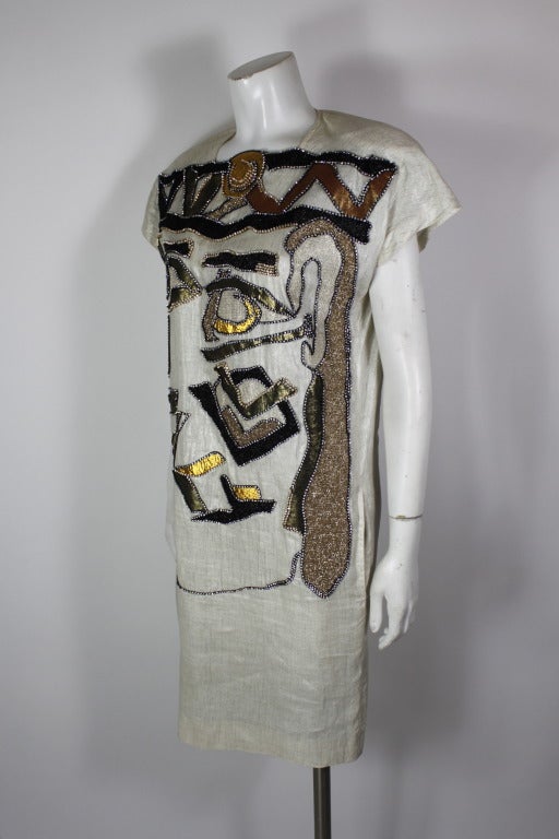 1980s Metallic Linen Dress with Rhinestoned Abstract Motif 1
