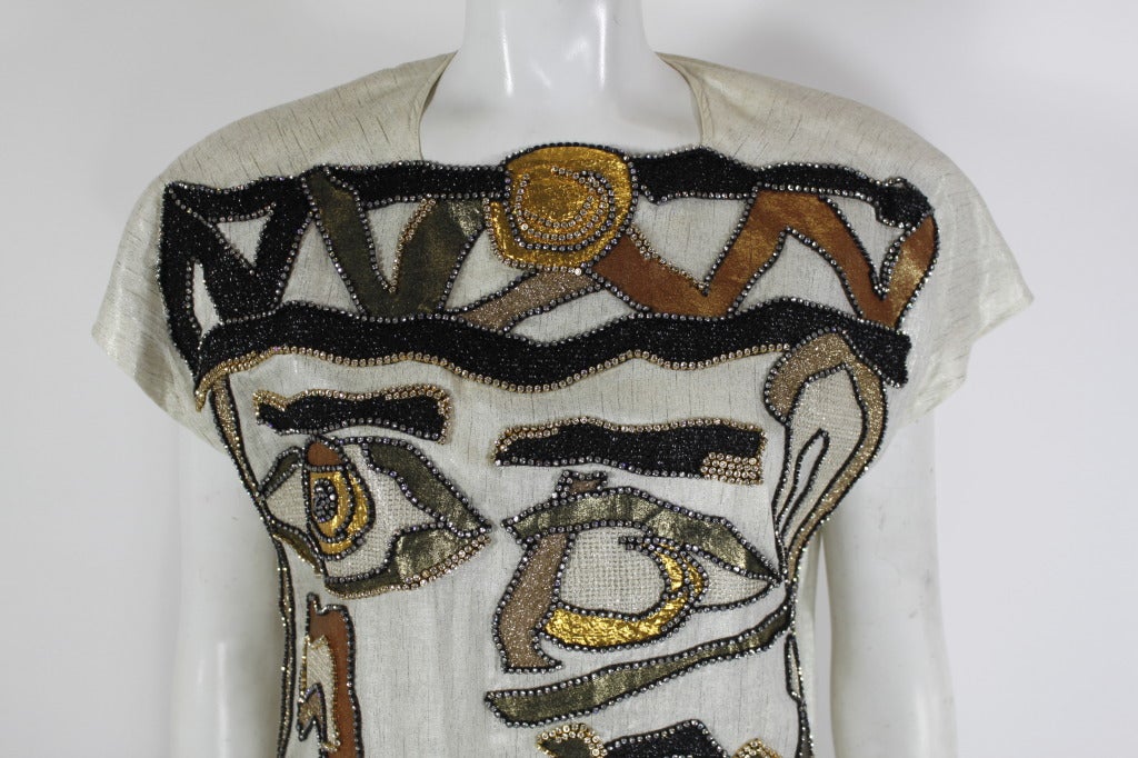 1980s Metallic Linen Dress with Rhinestoned Abstract Motif 3