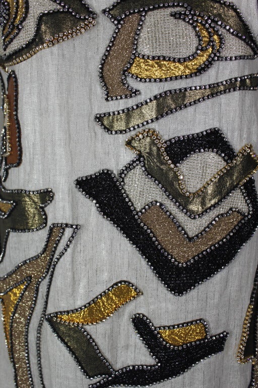 1980s Metallic Linen Dress with Rhinestoned Abstract Motif 4