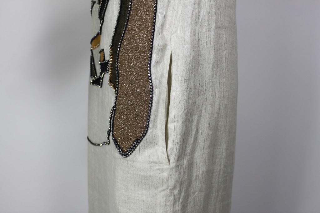 1980s Metallic Linen Dress with Rhinestoned Abstract Motif 5