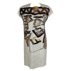 1980s Metallic Linen Dress with Rhinestoned Abstract Motif