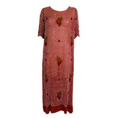 Used 1920s Red Beaded Cotton Dress with Cherry Motif