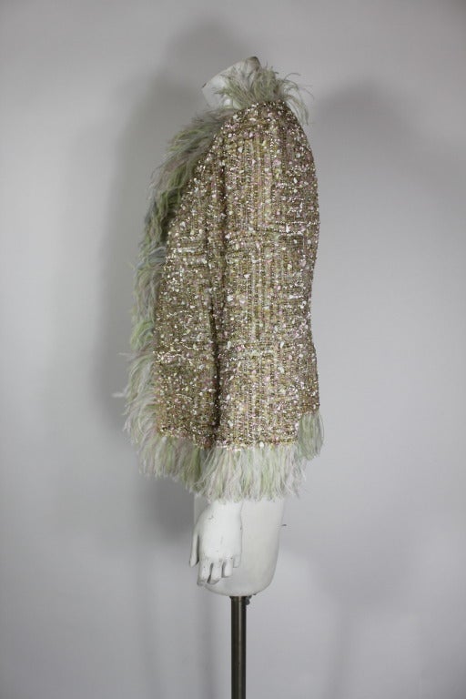 Women's Oscar De La Renta Pastel Embellished Evening Jacket with Ostrich Trim