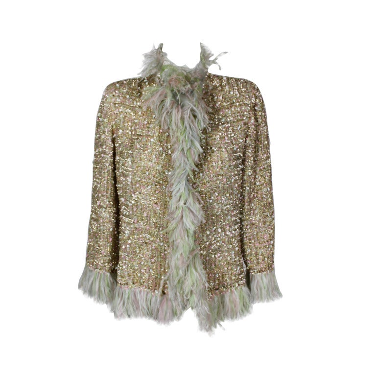 Oscar De La Renta Pastel Embellished Evening Jacket with Ostrich Trim